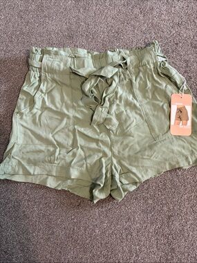 Ci Sono Olive Green High-Waist Paperbag Tie-Waist Shorts